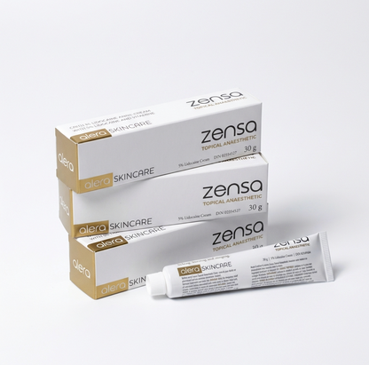 3-pack bundle of 30g Zensa 5% Lidocaine pre-procedure topical numbing cream tubes, formulated to minimize discomfort for permanent makeup, microblading, and tattooing without restricting blood flow.