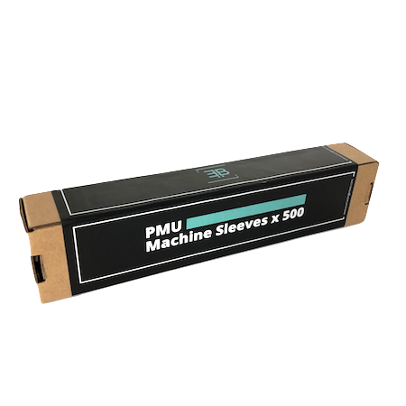 A box containing 500 disposable protective machine sleeves specifically designed to fit MINI PMU handheld devices and prevent cross-contamination.