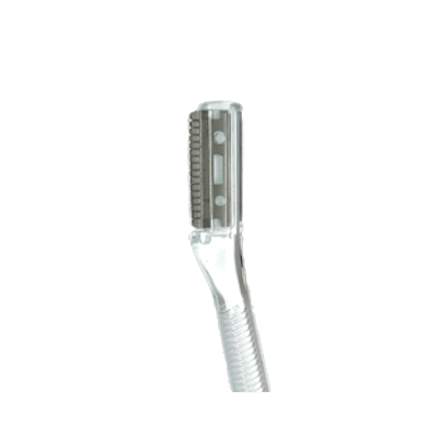Precision eyebrow shaping razor with a guarded stainless steel blade used for hair removal and brow cleanup during microblading prep.