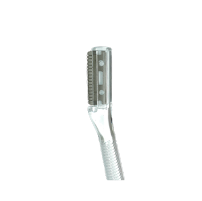 Precision eyebrow shaping razor with a guarded stainless steel blade used for hair removal and brow cleanup during microblading prep.