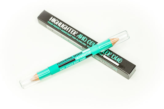 Double-ended jumbo eyebrow pencil featuring a matte light concealer on one end and a gentle gold shimmer highlighter on the other.