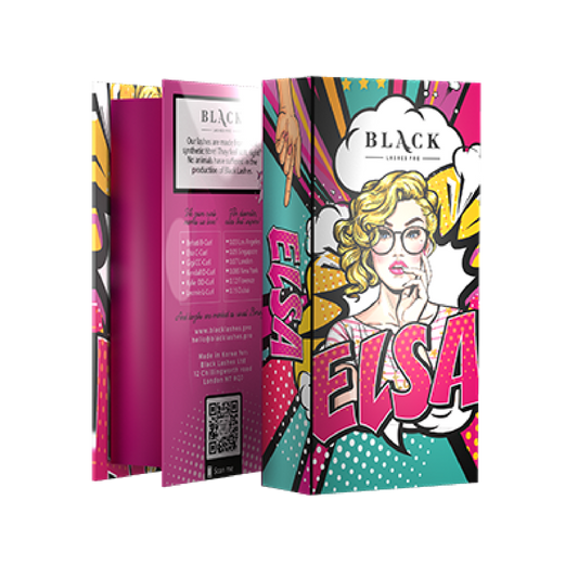 High-contrast pop-art styled lash extension packaging tray for ELSA C-Curl volume lashes featuring vibrant branding and secure lash strip backing.