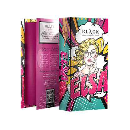 High-contrast pop-art styled packaging tray for ELSA C-Curl volume lash extensions featuring vibrant branding and organized lash strip backing.