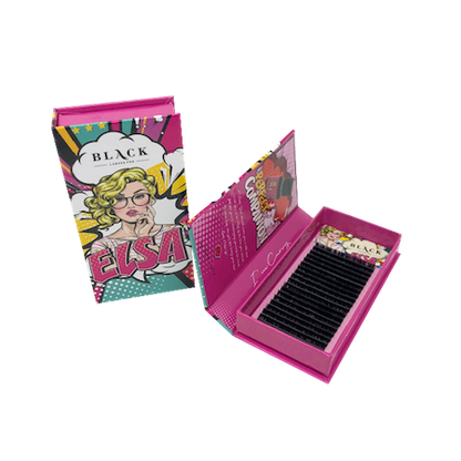 High-contrast pop-art styled lash extension packaging tray for ELSA C-Curl volume lashes featuring vibrant branding and secure lash strip backing.