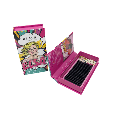 High-contrast pop-art styled packaging tray for ELSA C-Curl volume lash extensions featuring vibrant branding and organized lash strip backing.