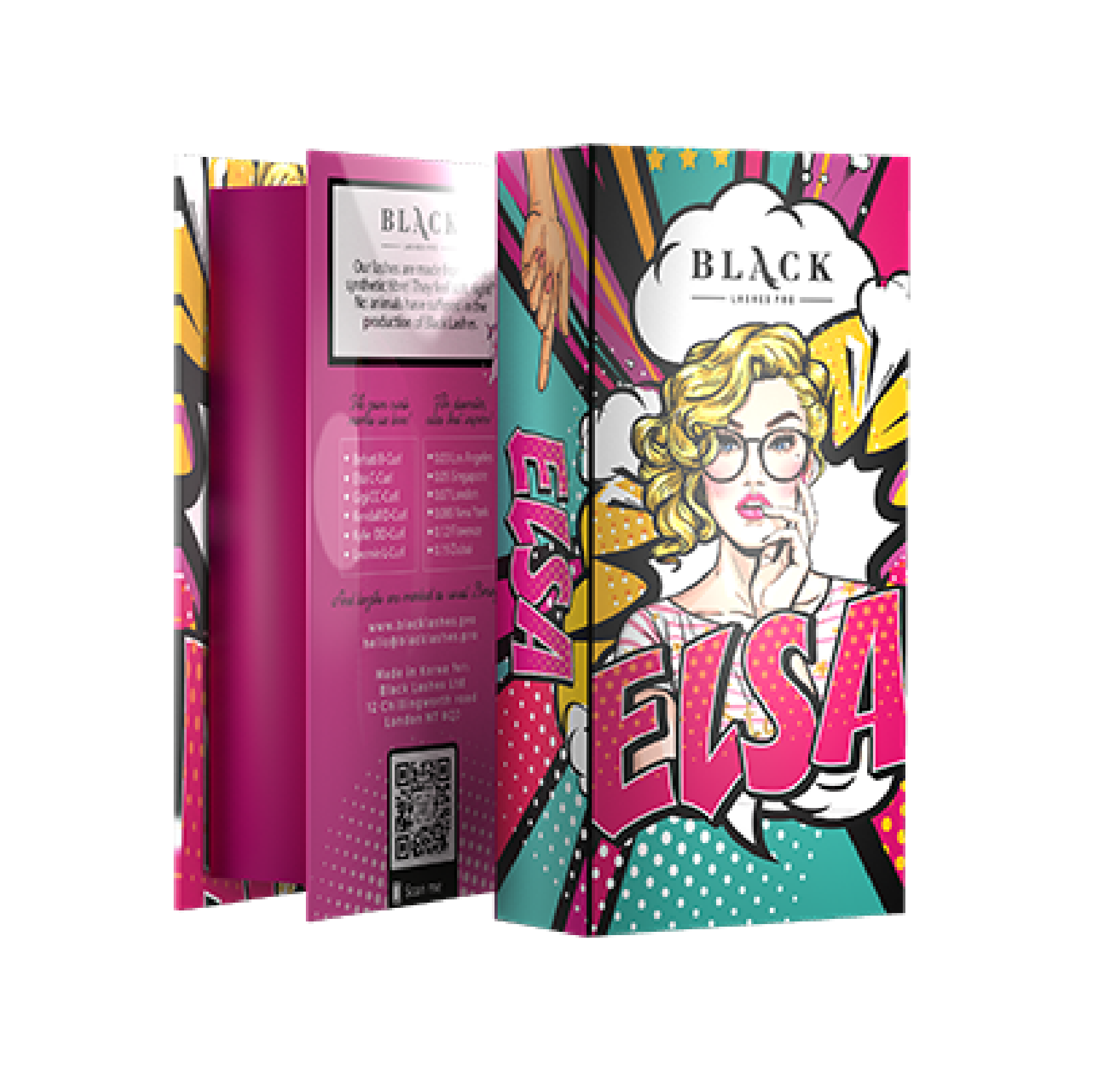 High-contrast pop-art styled packaging tray for ELSA C-Curl volume lash extensions featuring vibrant branding and organized lash strip backing.
