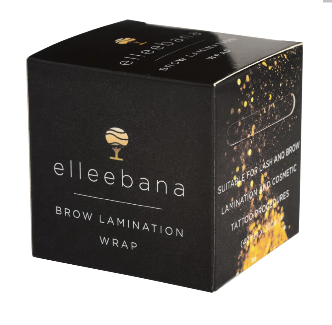 Roll of 42mm x 200m clear plastic brow lamination wrap with built-in cutter box, designed for covering eyebrows during lamination processing and pre-PMU numbing cream applications.