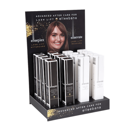Sleek black countertop retail display stand holding Elleevate Lash Lift Mascaras and Elleeplex Aftercare Treatments for salon front-desk sales.