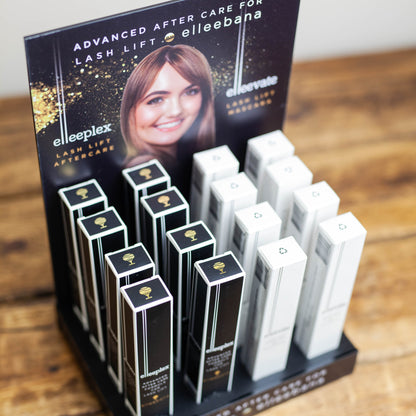 Sleek black countertop retail display stand holding Elleevate Lash Lift Mascaras and Elleeplex Aftercare Treatments for salon front-desk sales.