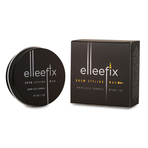 30g jar of Elleebana Elleefix Brow Styling Wax, a vegan daily lamination styling balm infused with sunflower oil, argan oil, and vitamins to nourish and hold stubborn eyebrow hairs for 50+ treatments.