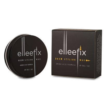 30g jar of Elleebana Elleefix Brow Styling Wax, a vegan daily lamination styling balm infused with sunflower oil, argan oil, and vitamins to nourish and hold stubborn eyebrow hairs for 50+ treatments.