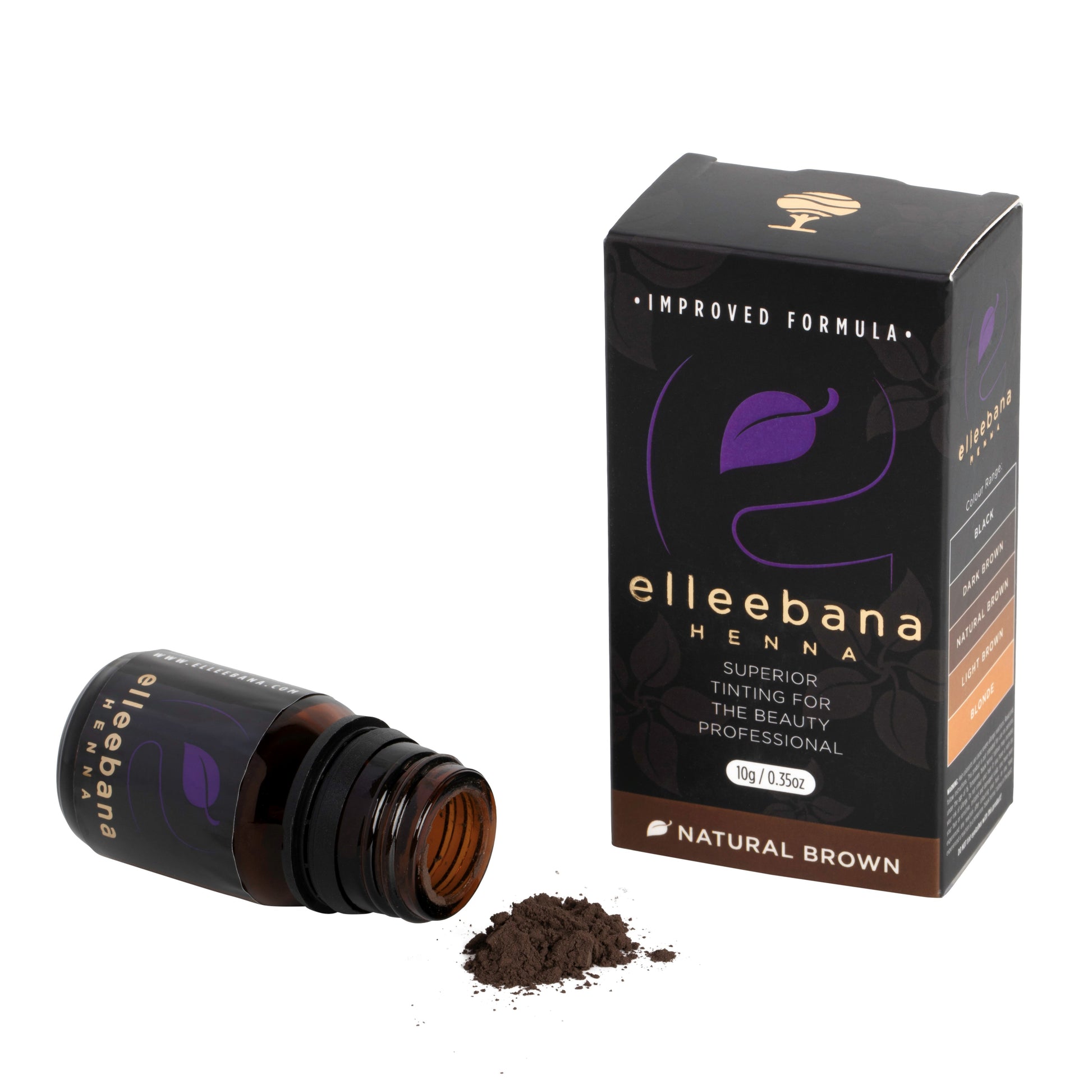 A container of Elleebana Brow Henna powder, a plant-based professional eyebrow tint designed to provide a tattoo-like skin stain and strengthen brow hairs for up to six weeks.