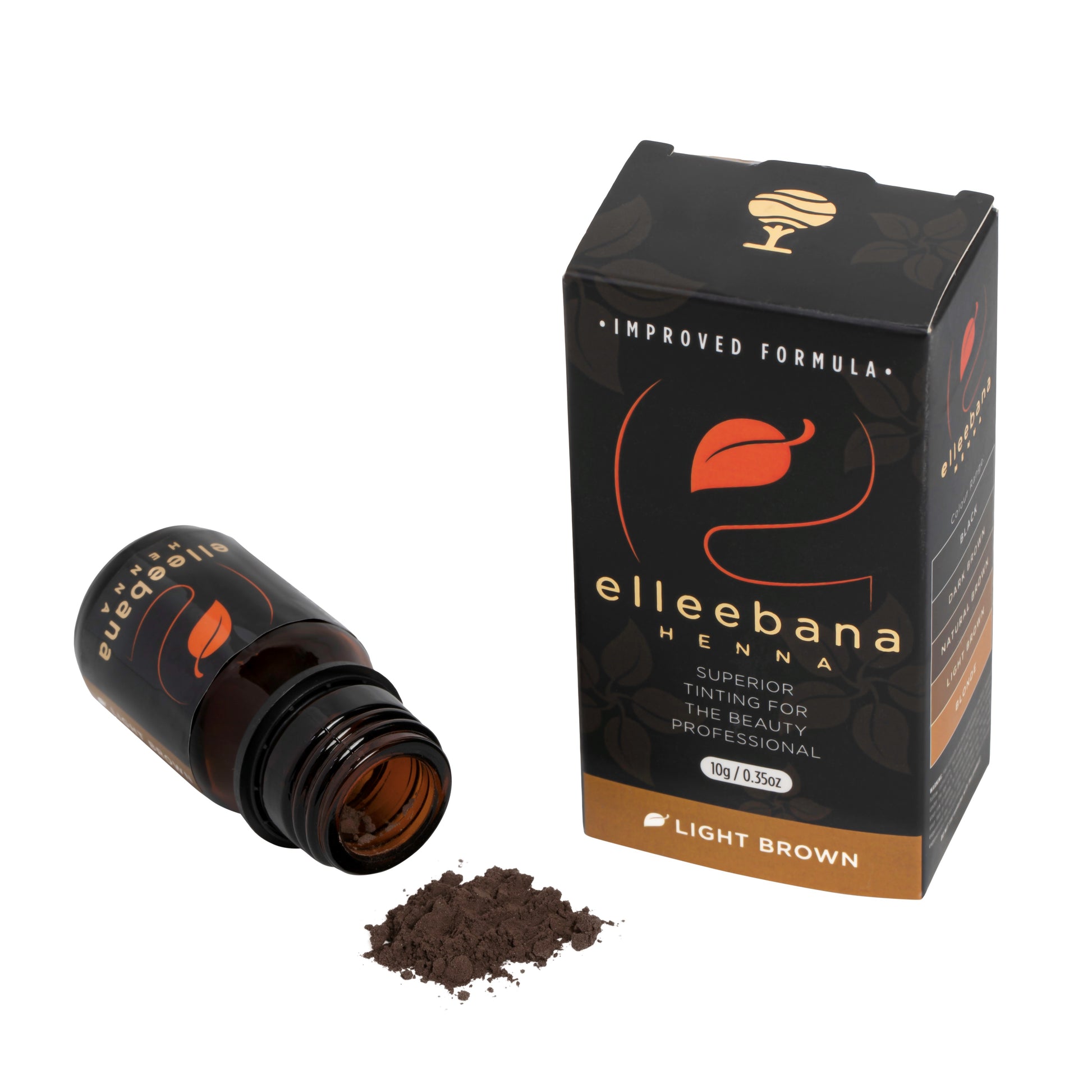 A container of Elleebana Brow Henna powder, a plant-based professional eyebrow tint designed to provide a tattoo-like skin stain and strengthen brow hairs for up to six weeks.