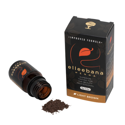 A container of Elleebana Brow Henna powder, a plant-based professional eyebrow tint designed to provide a tattoo-like skin stain and strengthen brow hairs for up to six weeks.