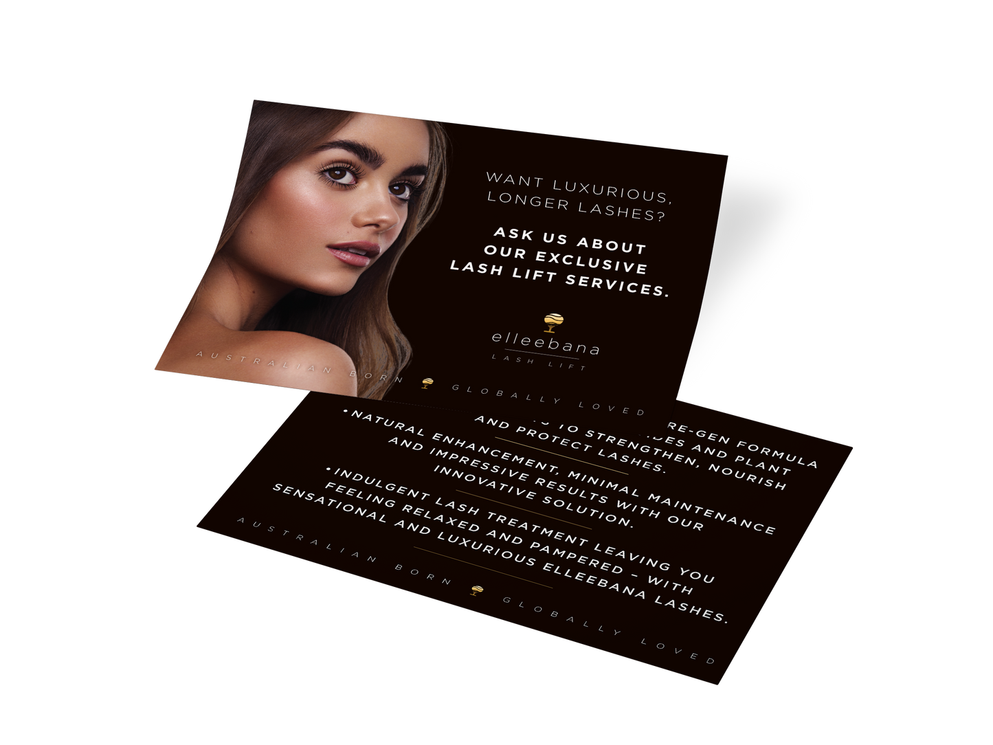 Pack of 50 double-sided printed promotional salon leaflets detailing the benefits of Elleebana lash lift services for client display and take-home marketing.
