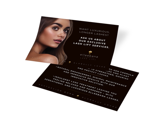 Pack of 50 double-sided printed promotional salon leaflets detailing the benefits of Elleebana lash lift services for client display and take-home marketing.