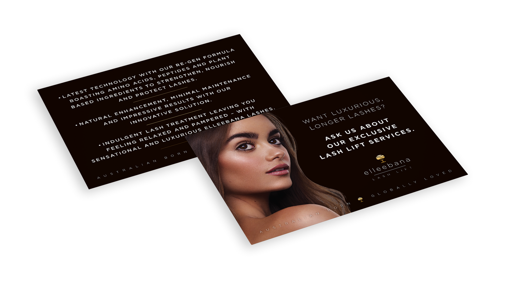 Pack of 50 double-sided printed promotional salon leaflets detailing the benefits of Elleebana lash lift services for client display and take-home marketing.
