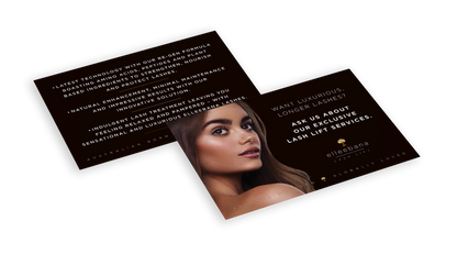 Pack of 50 double-sided printed promotional salon leaflets detailing the benefits of Elleebana lash lift services for client display and take-home marketing.