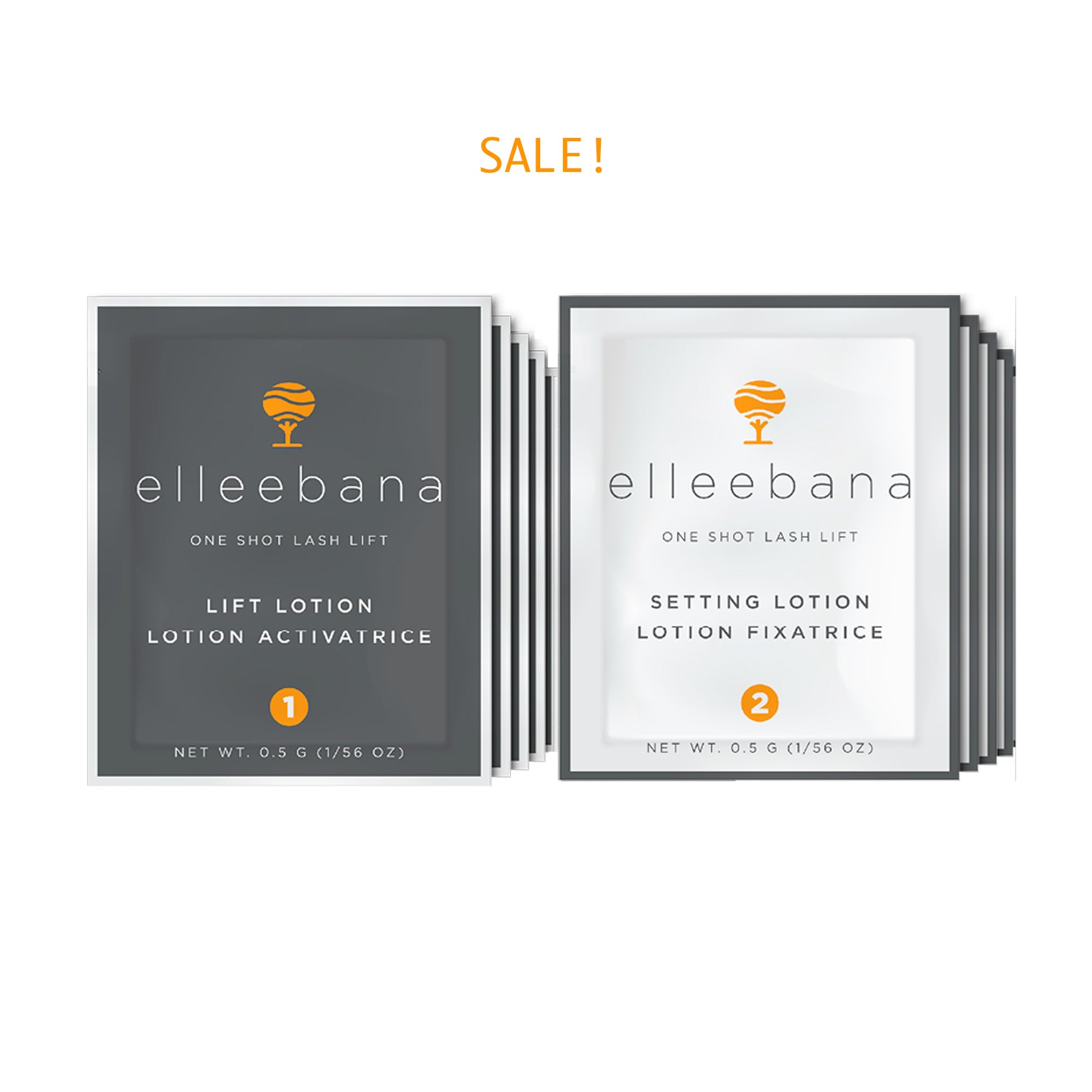 Unboxed refill pack of 10 perming and 10 setting sachets of fast-acting Elleebana lash lift lotion, designed for fast 4 to 8 minute processing times in UK lash treatments.