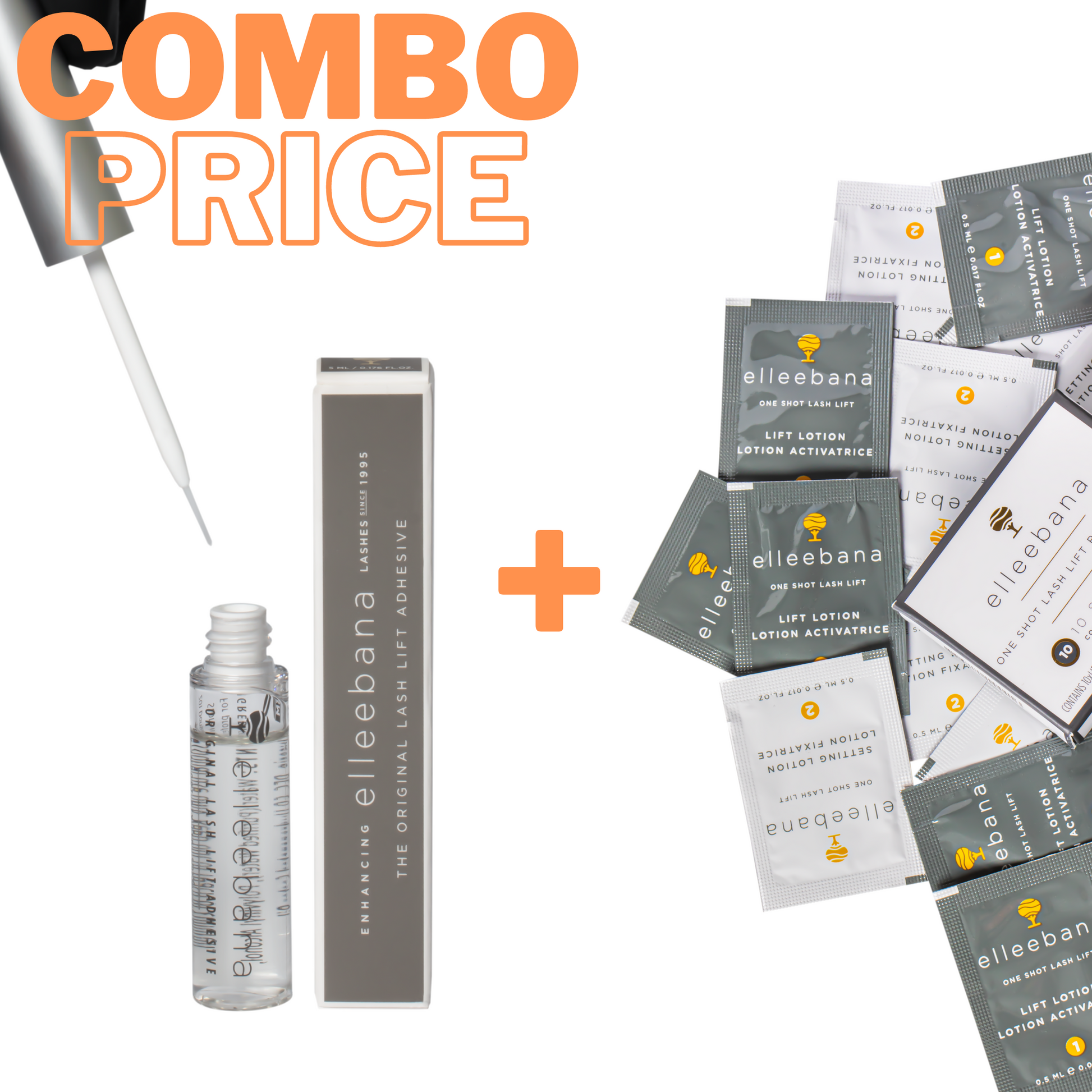 Elleebana Lash Lift starter bundle featuring a 10-pack of One Shot lifting lotions paired with a lash lift adhesive of choice.