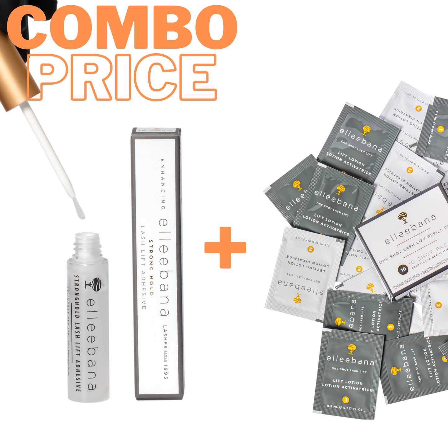 Elleebana Lash Lift starter bundle featuring a 10-pack of One Shot lifting lotions paired with a lash lift adhesive of choice.