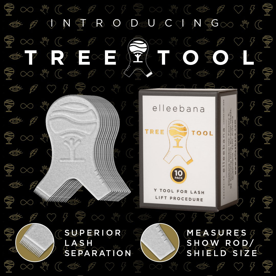 Pack of 10 tree-shaped plastic lash lift Y-tools featuring an ergonomic grip, precision comb teeth for lash separation, and integrated measuring markers to determine optimal rod and shield size.