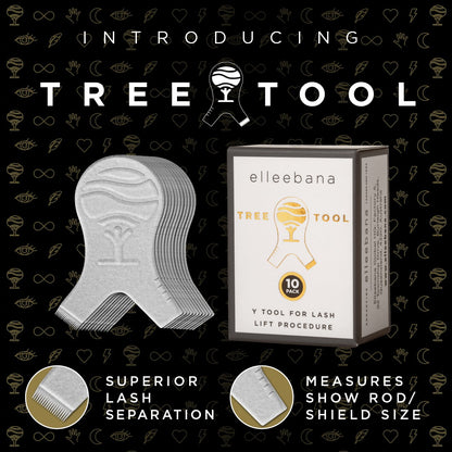 Pack of 10 tree-shaped plastic lash lift Y-tools featuring an ergonomic grip, precision comb teeth for lash separation, and integrated measuring markers to determine optimal rod and shield size.