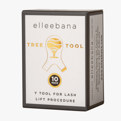 Pack of 10 tree-shaped plastic lash lift Y-tools featuring an ergonomic grip, precision comb teeth for lash separation, and integrated measuring markers to determine optimal rod and shield size.