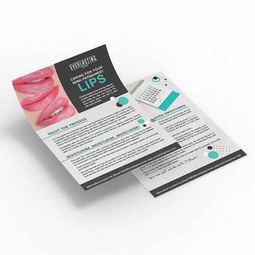 Pack of 50 heavy-cardstock Everlasting Brows post-treatment client leaflets detailing healing guidelines and care instructions for permanent lip makeup procedures.