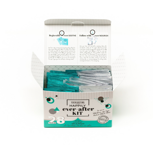 28-sachet pack of Everlasting Brows PMU aftercare wipes featuring 14 Ever-Soothe cleansing wipes and 14 Ever-Nourish organic oil wipes for post-permanent makeup healing and pigment retention.