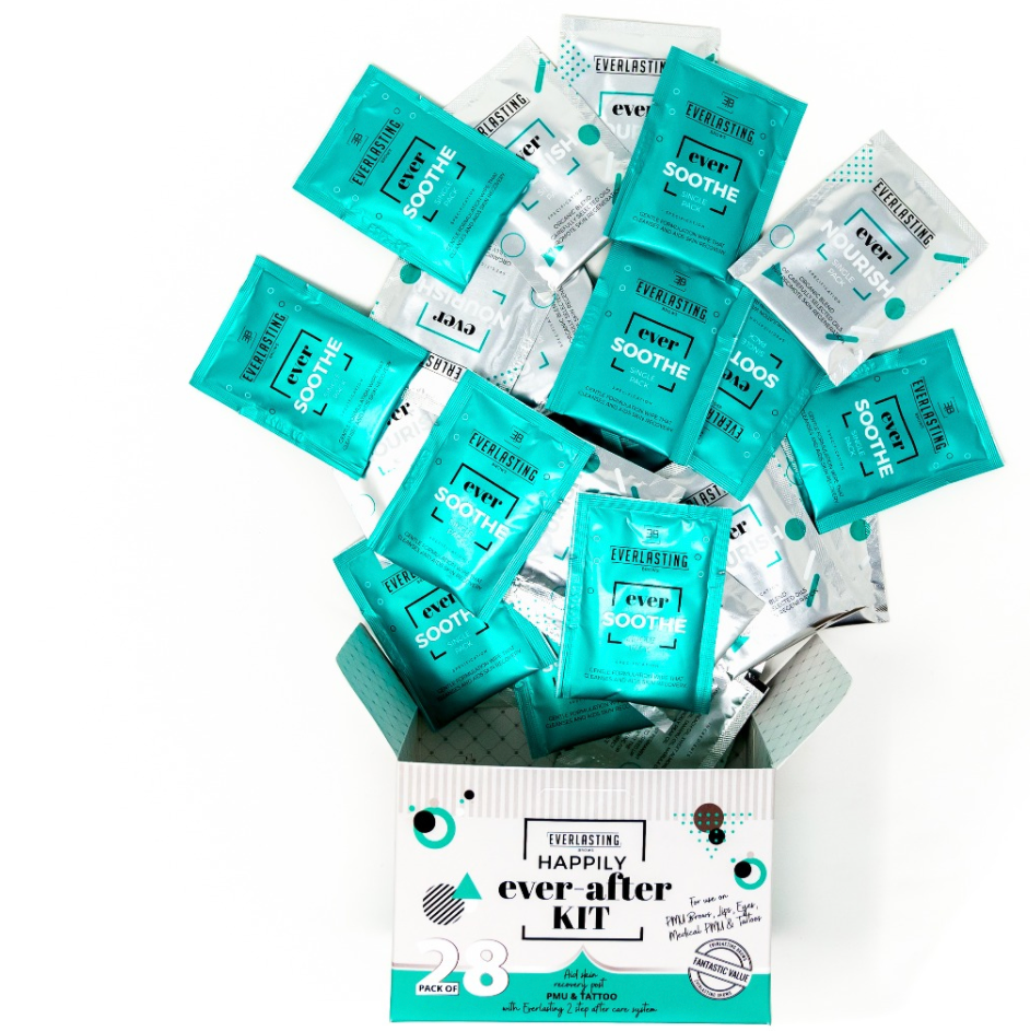 28-sachet pack of Everlasting Brows PMU aftercare wipes featuring 14 Ever-Soothe cleansing wipes and 14 Ever-Nourish organic oil wipes for post-permanent makeup healing and pigment retention.
