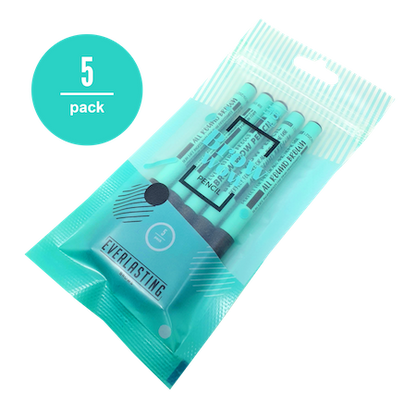 A pack of 5 brown single-use Everlasting predraw brow pencils packaged in a clear protective pouch for PMU and microblading mapping.