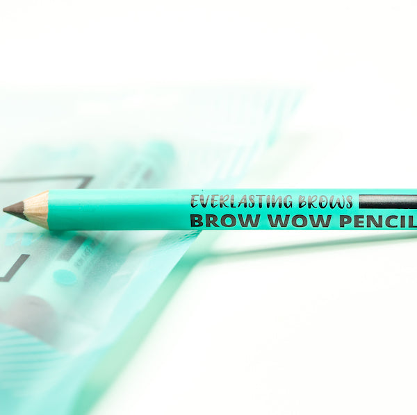 A pack of 5 brown single-use Everlasting predraw brow pencils packaged in a clear protective pouch for PMU and microblading mapping.