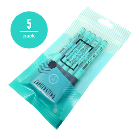 A pack of 5 brown single-use Everlasting predraw brow pencils packaged in a clear pouch for eyebrow mapping and PMU work.