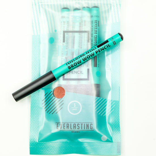 A pack of 5 brown single-use Everlasting predraw brow pencils packaged in a clear pouch for eyebrow mapping and PMU work.