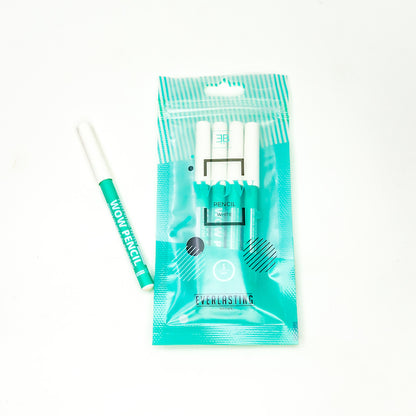 A white single-use Everlasting predraw brow pencil shown on a dark background displaying crisp white swatch marks for eyebrow mapping.