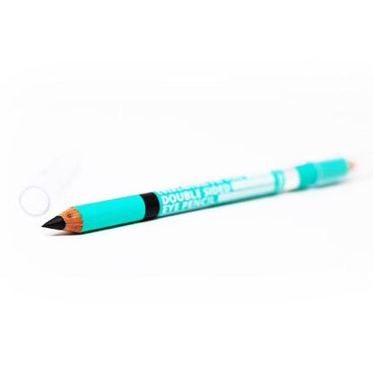 Italian-made dual-ended eyeliner pencil featuring a matte black shade on one end and a shimmering shade on the other, designed for versatile eye makeup application and salon retail sales.