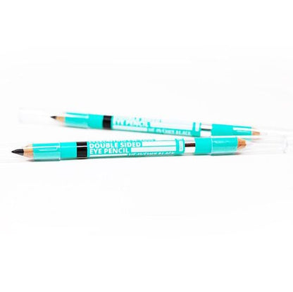 Italian-made dual-ended eyeliner pencil featuring a matte black shade on one end and a shimmering shade on the other, designed for versatile eye makeup application and salon retail sales.
