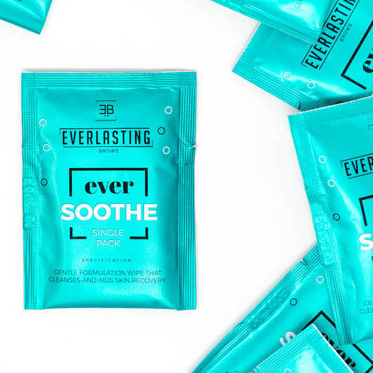 Individually wrapped Ever Soothe soothing post-procedure cleansing wipes infused with lavender, neroli, and damask rose for permanent makeup, microblading, and sensitive skin recovery.