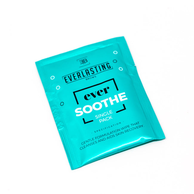Individually wrapped Ever Soothe soothing post-procedure cleansing wipes infused with lavender, neroli, and damask rose for permanent makeup, microblading, and sensitive skin recovery.
