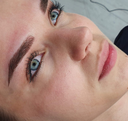 High-definition close-up result of permanent eyebrow microblading and combination ombre shading performed on a client.
