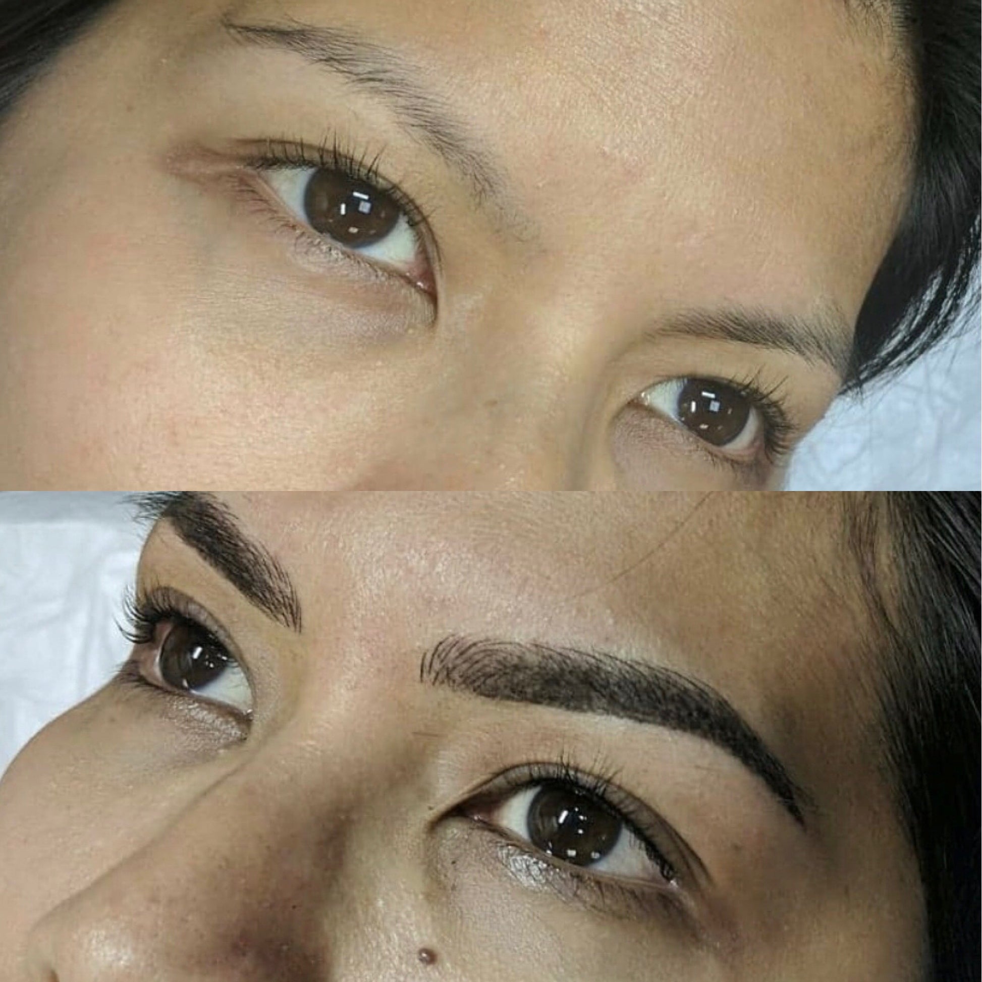 High-definition close-up result of permanent eyebrow microblading and combination ombre shading performed on a client.