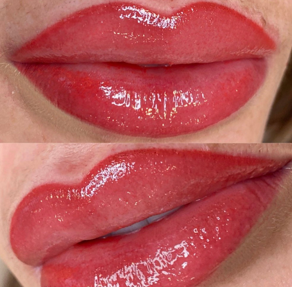 Permanent makeup lip result featuring precise lip mapping, full shading, and vibrant pigment application trained in the Everlasting Lip Module course.