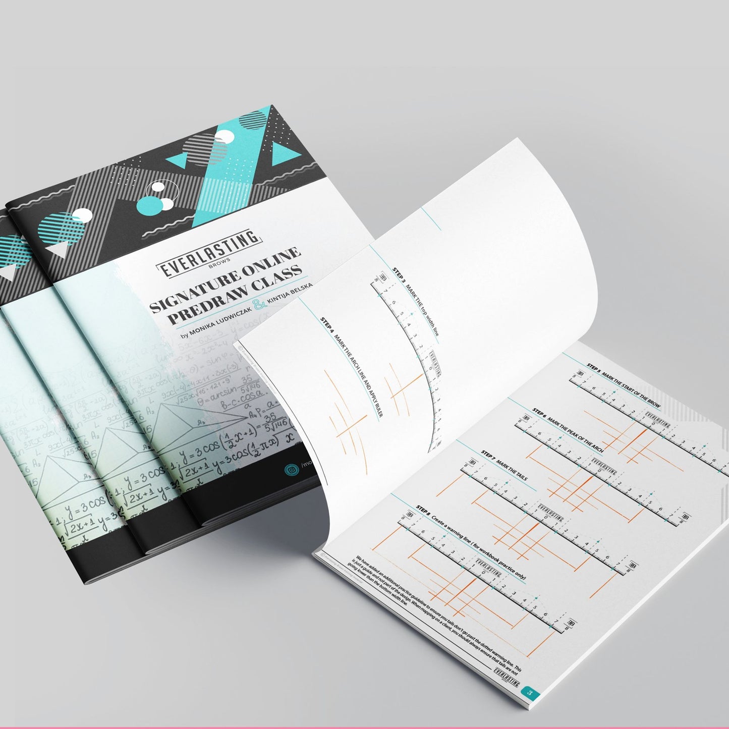 A promotional graphic for the Everlasting Brow Mapping online course, displaying training materials including HD video tutorials, a 20-page workbook, and a certificate of completion for professional eyebrow shaping.