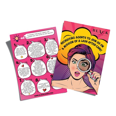 Eyelash extension client aftercare leaflet detailing maintenance guidelines and retention tips for salon distribution.