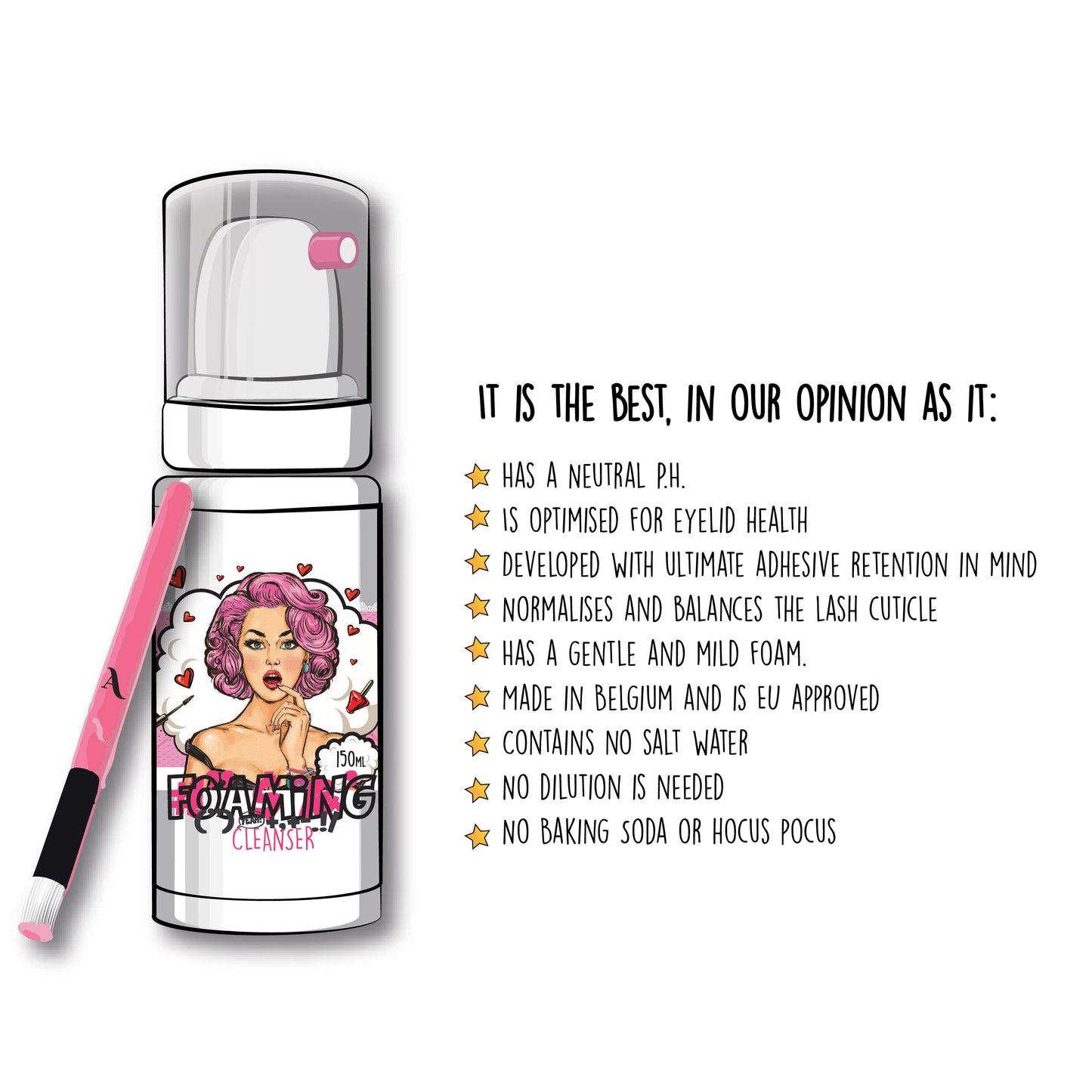 Professional foaming lash shampoo and lash cleanser bottle for eyelash extension prep and daily aftercare.