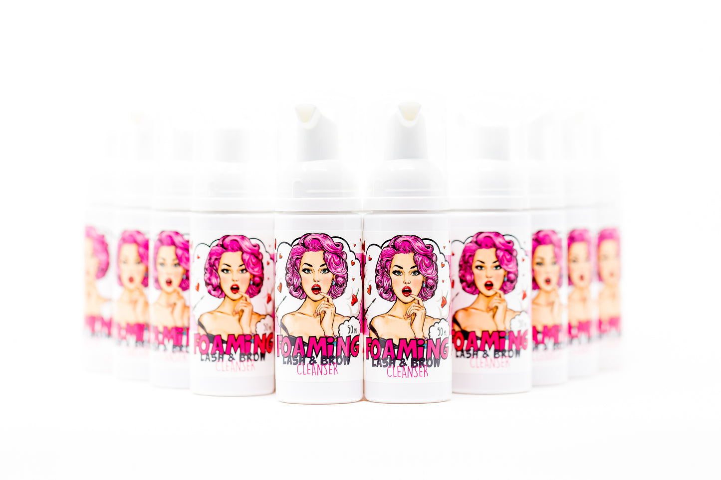 Professional foaming lash shampoo and lash cleanser bottle for eyelash extension prep and daily aftercare.