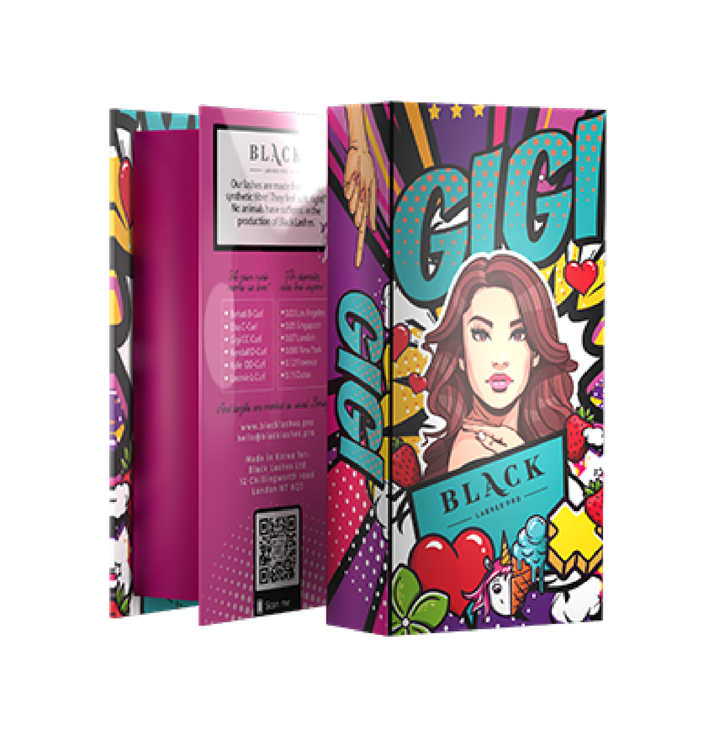 Pop-art styled packaging tray for GIGI CC-Curl mega volume lashes featuring vibrant branding and an organized lash extension tray.