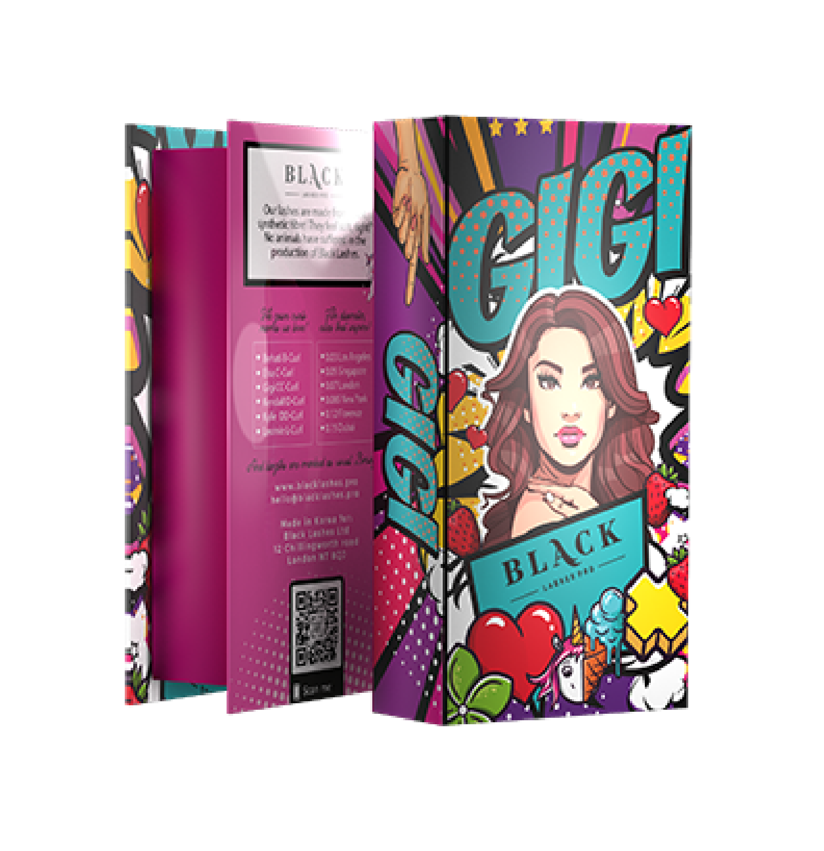 Pop-art styled packaging tray for GIGI CC-Curl mega volume lashes featuring vibrant branding and an organized lash extension tray.