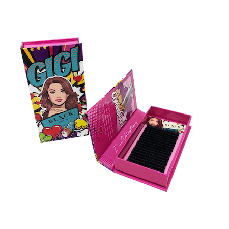 Pop-art styled packaging tray for GIGI CC-Curl mega volume lashes featuring vibrant branding and an organized lash extension tray.
